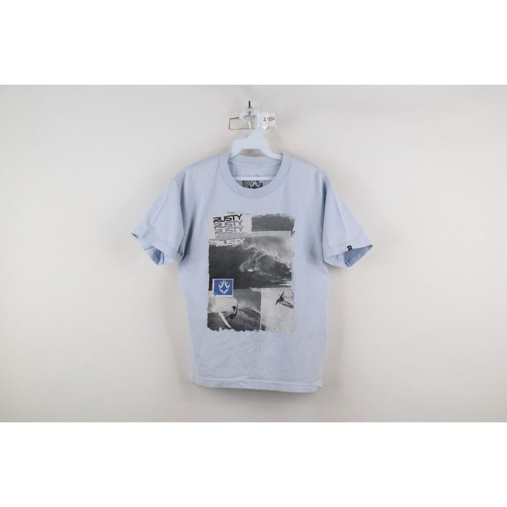 Vtg 90s Y2K Rusty Surfing Boys Large Distressed Spell Out Short Sleeve T-Shirt